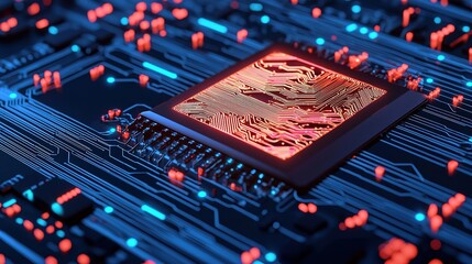 A close-up view of a circuit board featuring a prominent chip with glowing patterns, surrounded by vibrant blue and red lights.