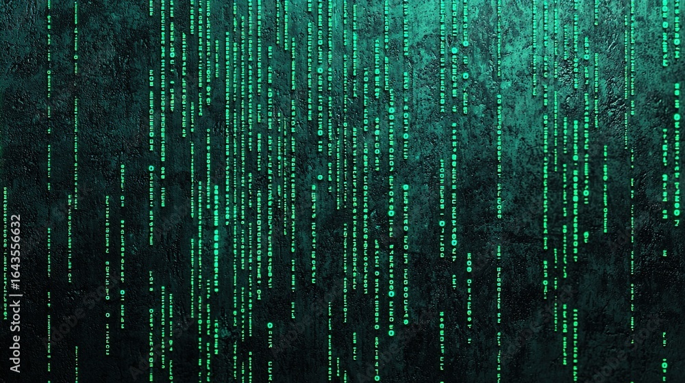 Aufkleber a digital abstract representation featuring green text cascading down a dark background, reminiscent