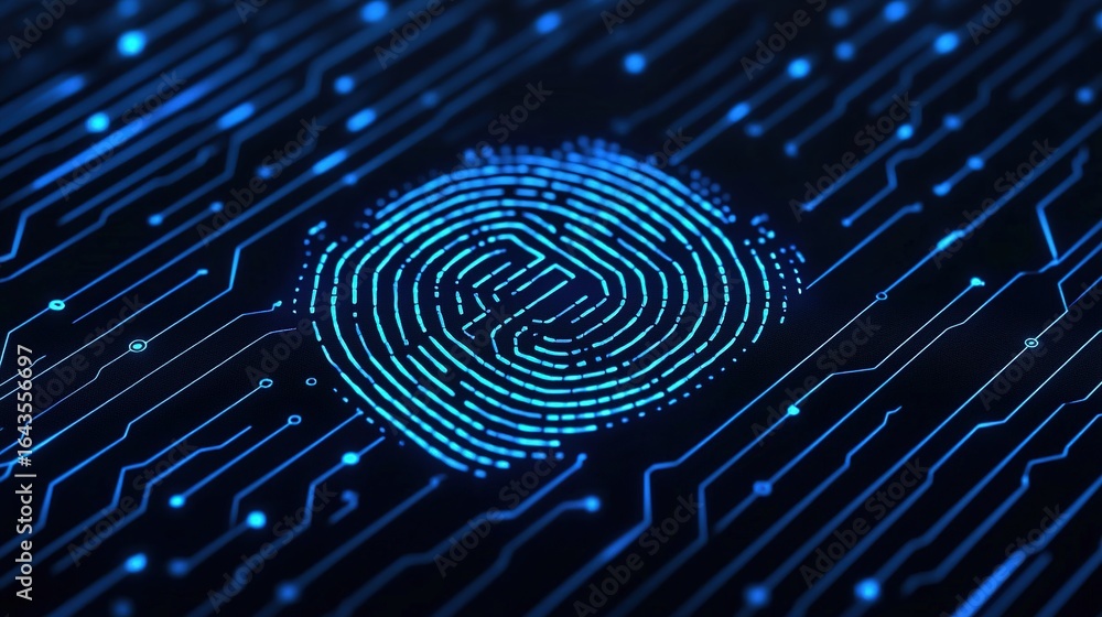 Poster a digital fingerprint design with interconnected lines, symbolizing technology and cybersecurity in 