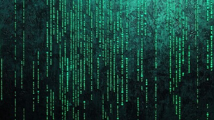 A digital abstract representation featuring green text cascading down a dark background, reminiscent of code or data streams.