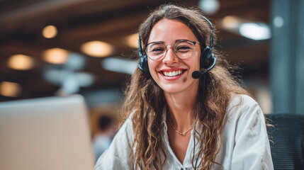 Friendly customer service representative wearing glasses and headset, providing cheerful support in a bright, modern office environment.