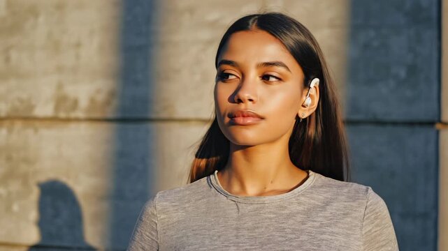 Close Up Portrait Of Young Woman Wearing Hearing Aid In Outdoor Sunlight
