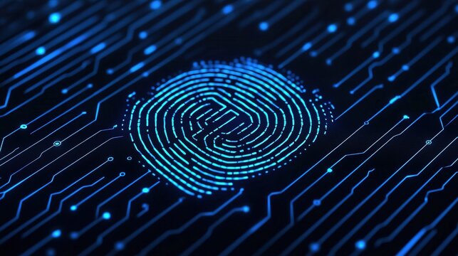 A digital fingerprint design with interconnected lines, symbolizing technology and cybersecurity in a blue and black background.