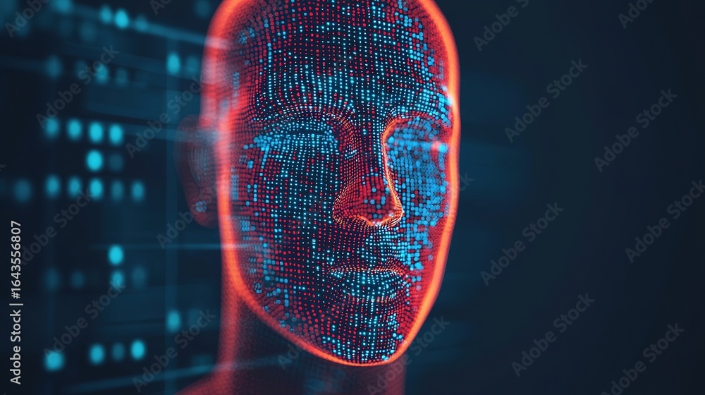 Poster a digital representation of a human face created with glowing dots, symbolizing advancements in tech
