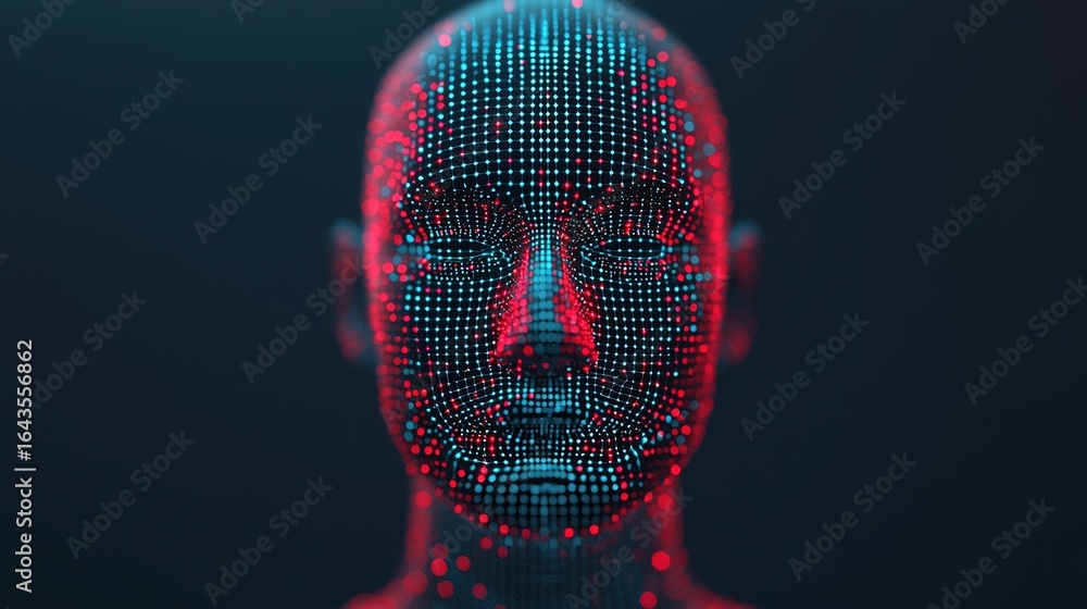 Poster a digital representation of a human face created with colorful dots, highlighting the intersection o