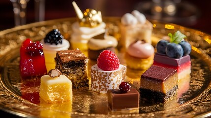 A selection of mini desserts arranged on a golden plate