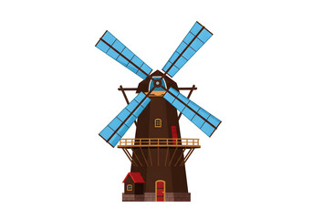 Charming traditional windmill with blue sails ready to capture the wind for a storybook scene