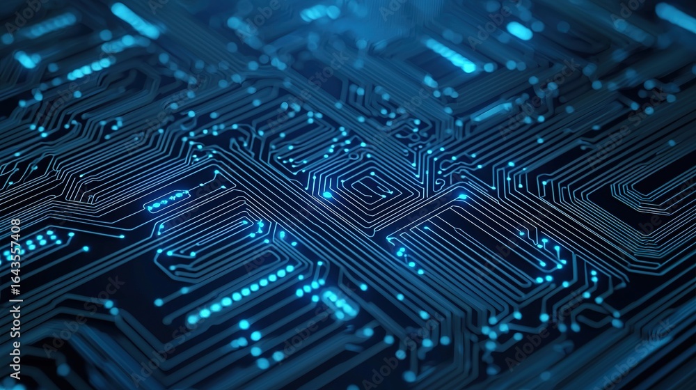 Poster a close-up view of a modern circuit board with intricate blue lines and glowing elements, showcasing