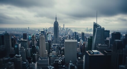 Highangle view of dense highrise buildings under moody cloudy atmosphere.