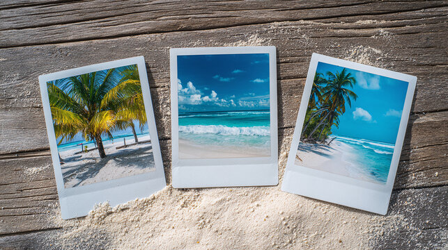 Beach memories captured in polaroid prints on a rustic wooden surface, evoking summer vacation vibes and tropical paradise nostalgia. Coastal getaway bliss.