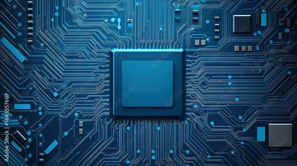 Poster a close-up view of a blue microchip and circuit board, illustrating technology and electronic design