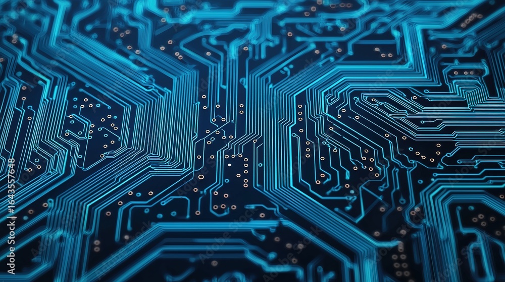 Poster a close-up of a blue circuit board, showcasing intricate pathways and connections, emphasizing techn
