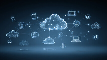 A digital illustration showcases a network of cloud computing icons connected by lines on a deep blue background. Data management and remote access are depicted.