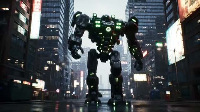 Giant robot walking through futuristic city