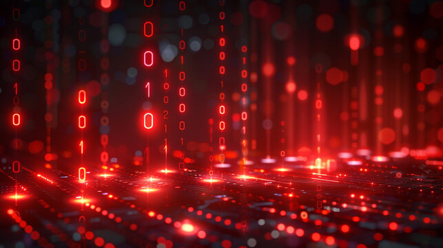 Abstract digital binary code background with glowing red binary digits falling on a circuit board.