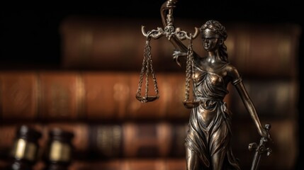 The Lady Justice Statue with Scales Against a Background of Law Books