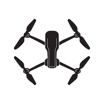 Black Silhouette of a Drone with Four Rotors, Top View on White