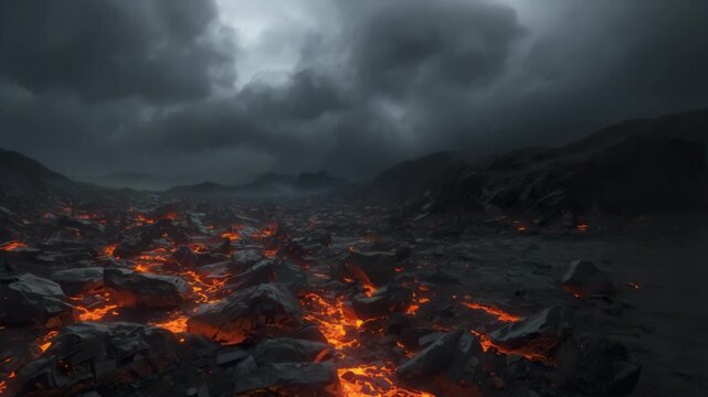 Molten lava in volcanic rainstorm