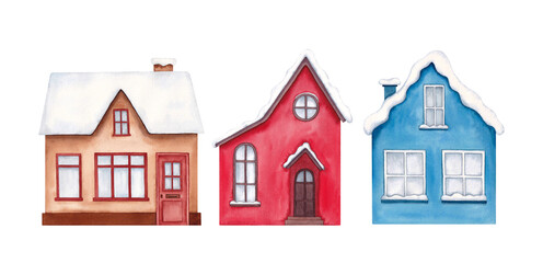Set of winter houses with a snow-covered. Watercolor hand drawn illustration isolated on a white background. Winter cottage.