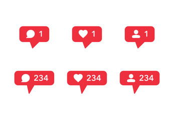 A social media notification icon set. Includes red pop-up symbols for new likes, comments, and followers with a counter. A clean vector illustration for app and web UI design.