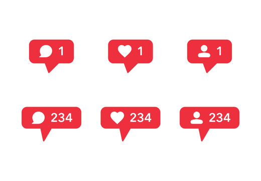 A social media notification icon set. Includes red pop-up symbols for new likes, comments, and followers with a counter. A clean vector illustration for app and web UI design.