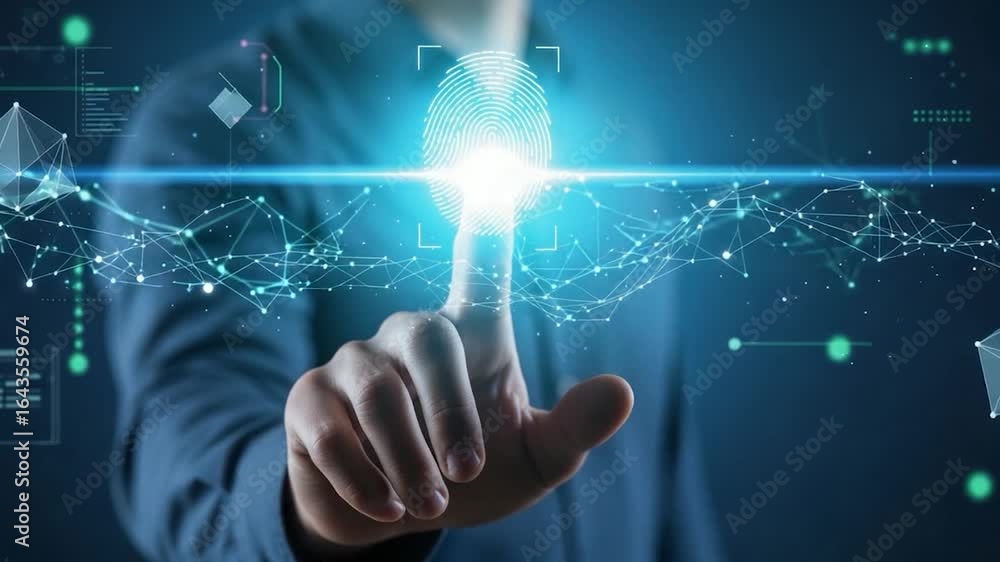 Poster futuristic fingerprint scan: digital identity verification in a connected world