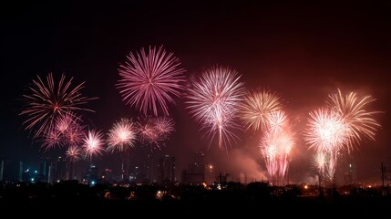Vibrant fireworks illuminate a night sky above a silhouetted city skyline during celebratory festivities, capturing color, motion, and excitement in a long exposure shot