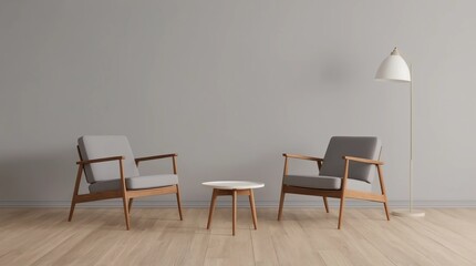 Living room design with empty wall mockup, two wooden chairs on white wall, copy space