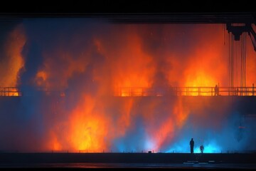 Fototapeta premium Heavy Welding in Progress on Steel Girder with Torch Amid Bright Flames and Smoke