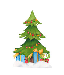Watercolor Christmas tree with gift boxes. Hand drawn New Year tree with garlands, isolated on white background. Holiday illustration for design, posters, invitations, card or print.