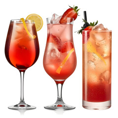 A series of deep amber, blushing pink, and sparkling golden mixed drinks. PNG set bundle, transparent isolated background. Mixology, bar menu cocktails, colorful vibrant refreshing drinks with lemon t