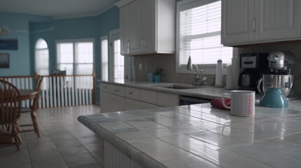 Bright modern kitchen with polished tiled island, blurred appliances and white cabinetry, inviting and spacious with natural light and a cozy, clean atmosphere