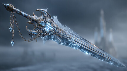 Ornate ice-forged fantasy sword with chains and crystal pendants