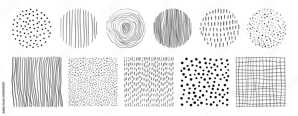 Wall mural hand drawn textures vector set. abstract sketch organic circle and square shapes design elements