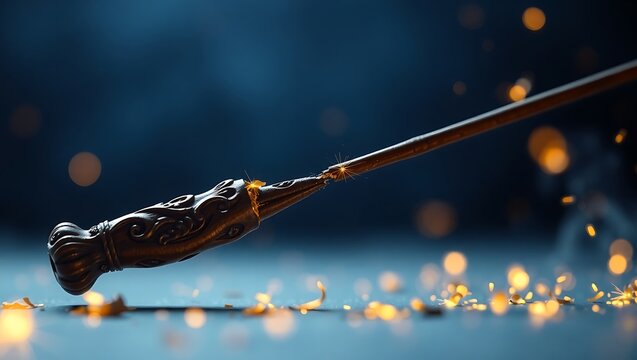 Halloween close up of a broken magic wand with sparks flying in a dark blue and light blue background scene halloween design 