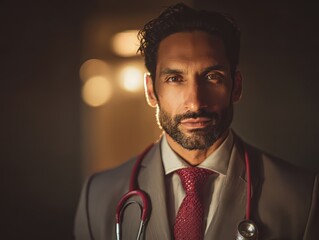 Portrait of a handsome doctor with a beard, wearing a suit and tie, with a stethoscope