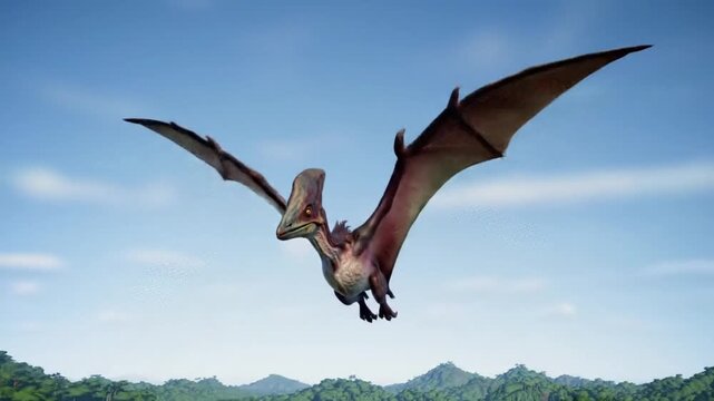 Majestic Pteranodon, a prehistoric flying reptile, soars through a clear blue sky over a vast, ancient jungle landscape.