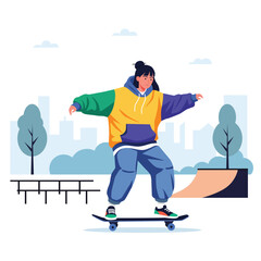 flat vector of character woman play skating skateboard at ramp park
