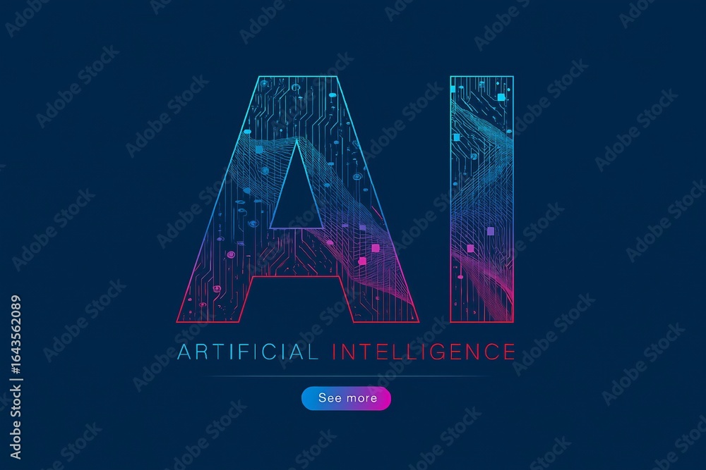 Poster artificial intelligence ai text with digital circuit patterns and glowing effects