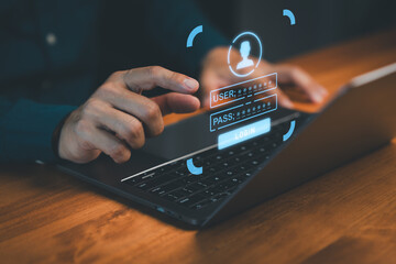 Person entering username and password on laptop computer with virtual login interface, representing cybersecurity, AI technology, online privacy protection and secure digital authentication.