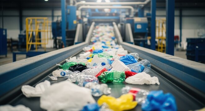 Plastic waste collection on conveyor ready for sorting in recycling plant.