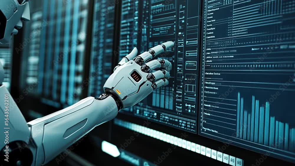 Poster futuristic robotic hand interacting with digital interface showcasing advanced technology, data visu