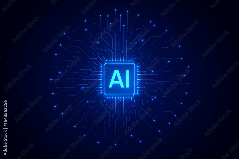 Poster glowing ai chip with neural network connections on dark background