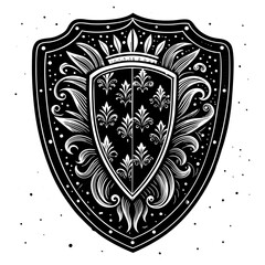 Heraldic Shield with Floral and Crown Design.