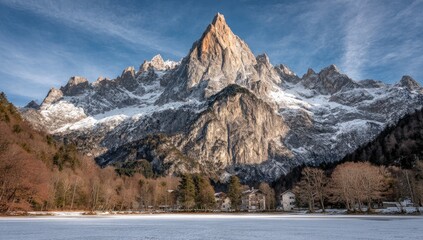 Snowy mountain peak above frozen lake