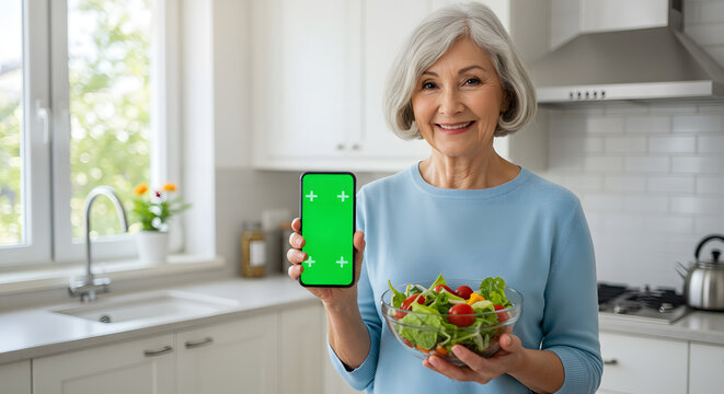 Smiling senior woman in kitchen holding a salad and a smartphone with a green screen. - Powered by Adobe