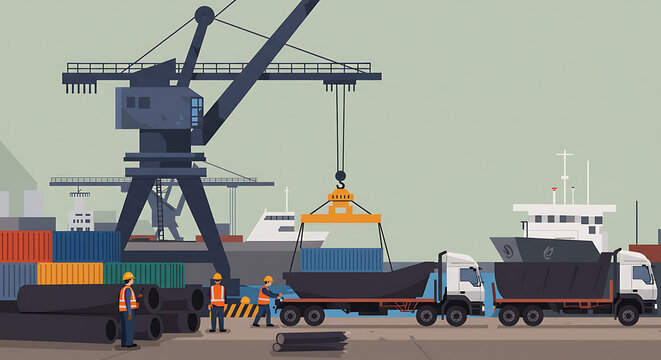 Vector illustration of a seaport with a harbor crane transferring heavy cargo to a truck, representing the global supply chain.