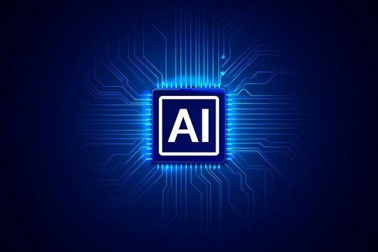 Glowing ai chip with digital circuits and glowing blue light