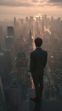 Man In Suit Looking At City Skyline From Rooftop At Golden Hour

