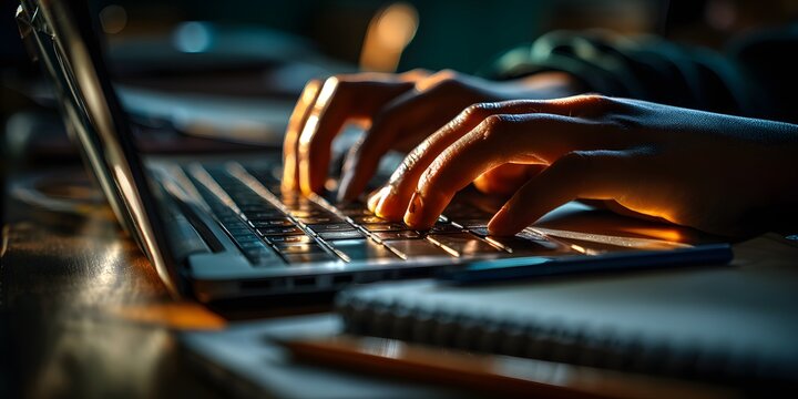 Hands Typing on Laptop in Warm Classroom Light with Notebooks on Desk perfect for digital education promotions, online learning campaigns, academic blog banners and tech-focused study materials